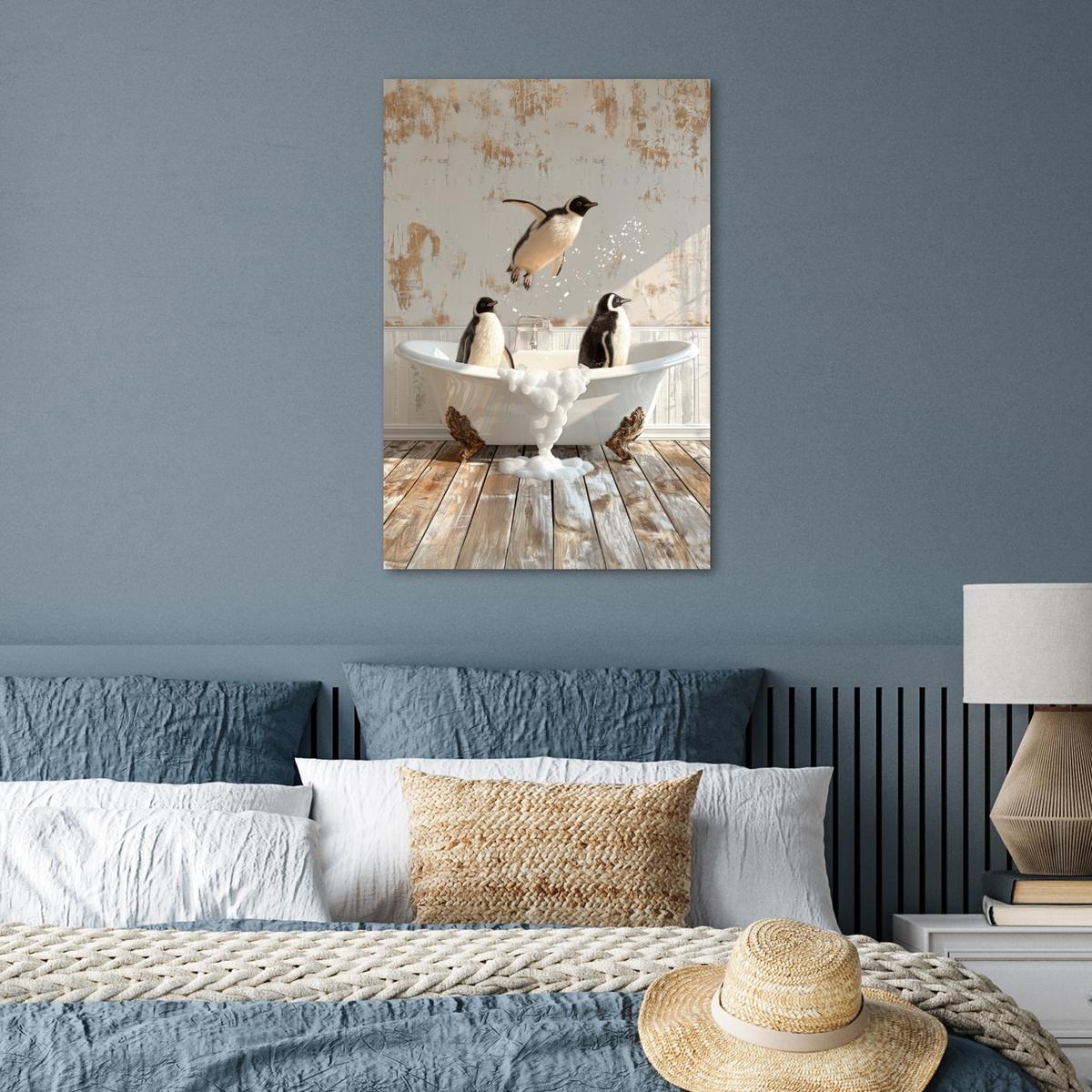 POSTER Vintage - Pinguin - Badewanne - Schaumstoff Wanddeko 40x60 cm - Schwarz, Papier (40/60/0.1cm) - MuchoWow