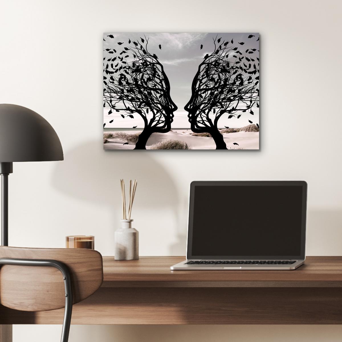 METALLBILD Strand - Meer - Menschen - Baum - Moderne Kunst 40x30 cm - Hellgrau, Metall (40/30cm) - MuchoWow
