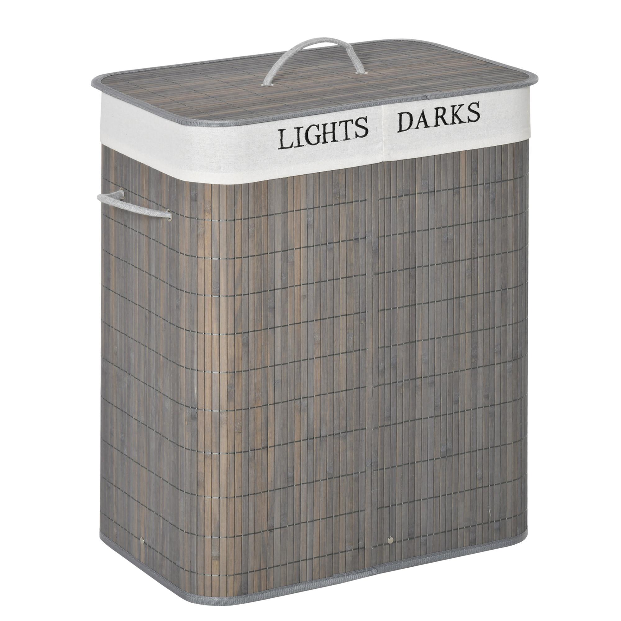 WÄSCHEKORB schmal mit Deckel 100L, Badezimmer, Bambus, Grau - Grau, Naturmaterialien (32/63/52cm) - HOMCOM
