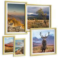 BILDER SET 5er Set - 50x50 cm & 20x30 cm & 40x60 cm Goldrahmen - Berglandschaften, Hirschgras - Goldfarben, Kunststoff (40/60cm) - TULUP