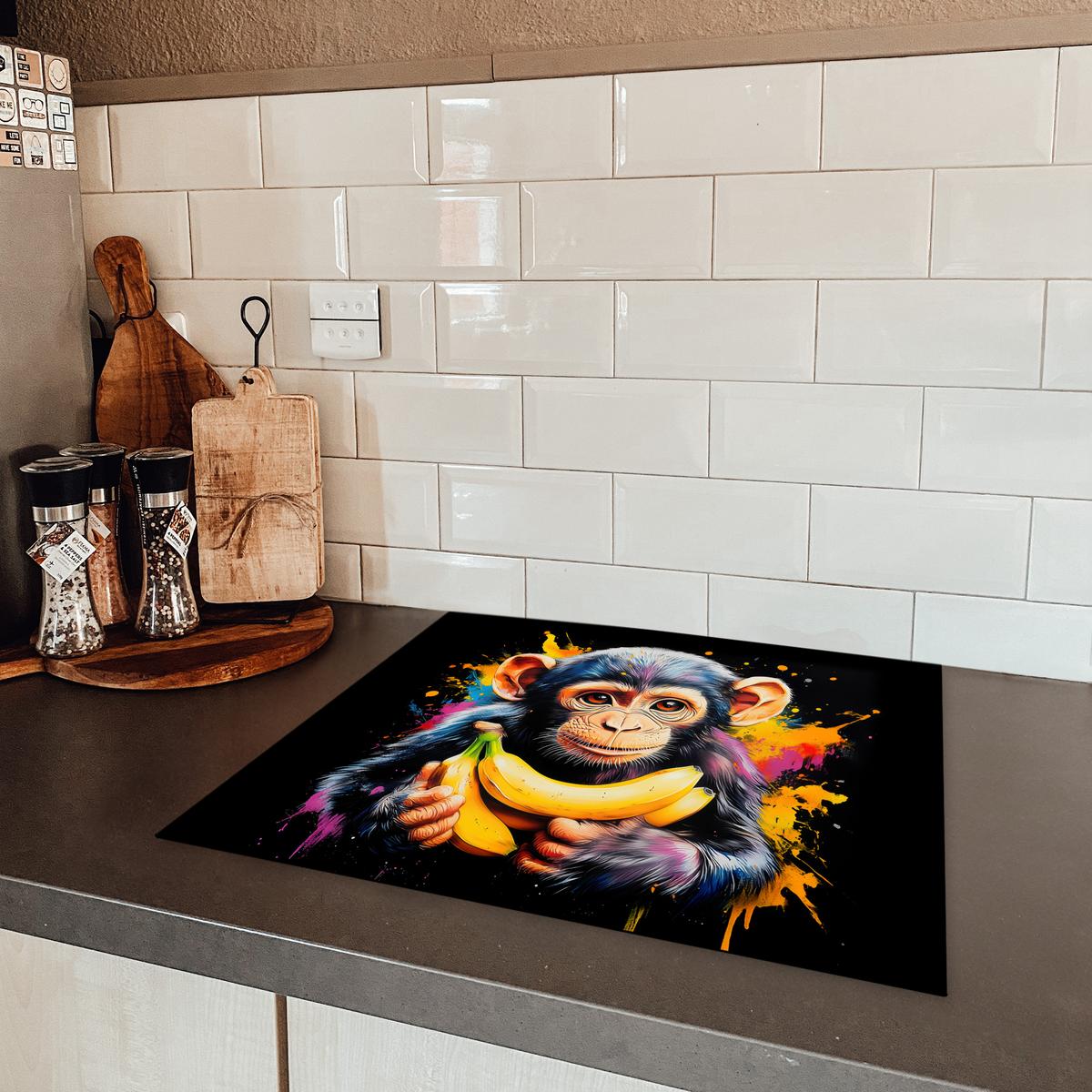 HERDABDECKPLATTE Affe - Graffiti - Farbenfroh - Bananen - Modern Ceranfeldabdeckung 59x52 cm - Gelb, Kunststoff (59/52/0.2cm) - MuchoWow