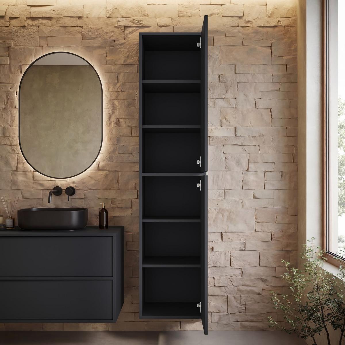 BADMÖBEL-SET Mali 80 cm Schwarz Matt - mit Hochschrank - 80 x 46 x 54 cm - Schwarz, Holz (60/54/46cm) - Badplaats