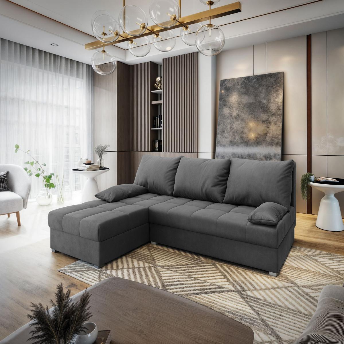 ECKSOFA RITA M Grau Velours-Stoff mit Schlaffunktion - Grau, Holz/Kunststoff (200/141cm) - MASSENO