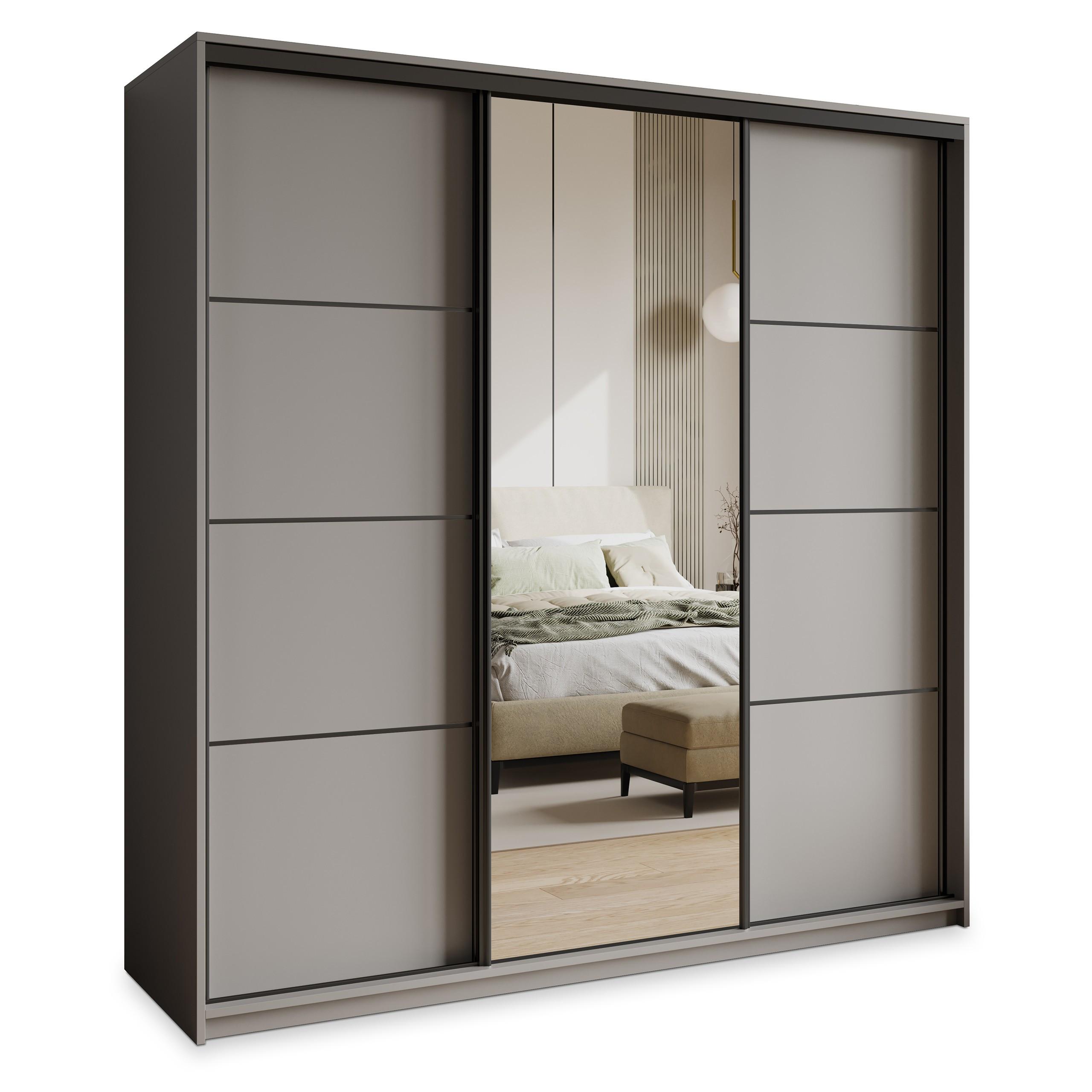 SCHWEBETÜRENSCHRANK VARO 180/205/60 cm 3-türig mit Spiegel und Schubladen Graphitfarben - Graphitfarben/Schwarz, Holzwerkstoff (180/205/60cm) - MASSENO