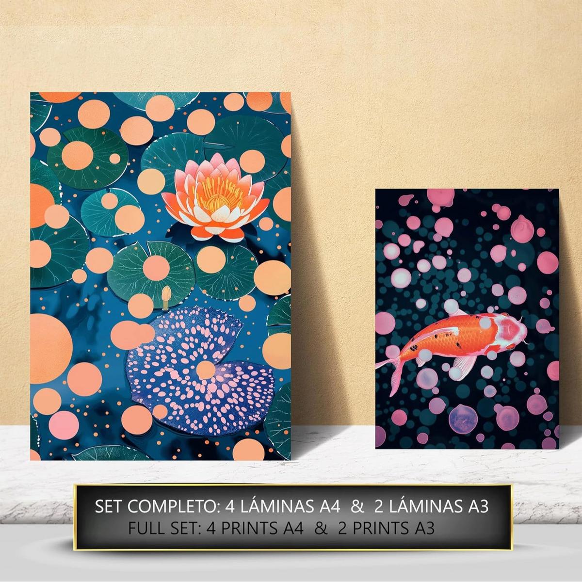 POSTER Set Mit 6 Yayoi Kusama Sonnenuntergang Wasser Blau Orange Rot Lila Farben Janapise Mit Designillustrationen Zur Der Zuhauses A3 & A4 Rahmenlos - Klar, Papier (29/3cm) - Nacnic