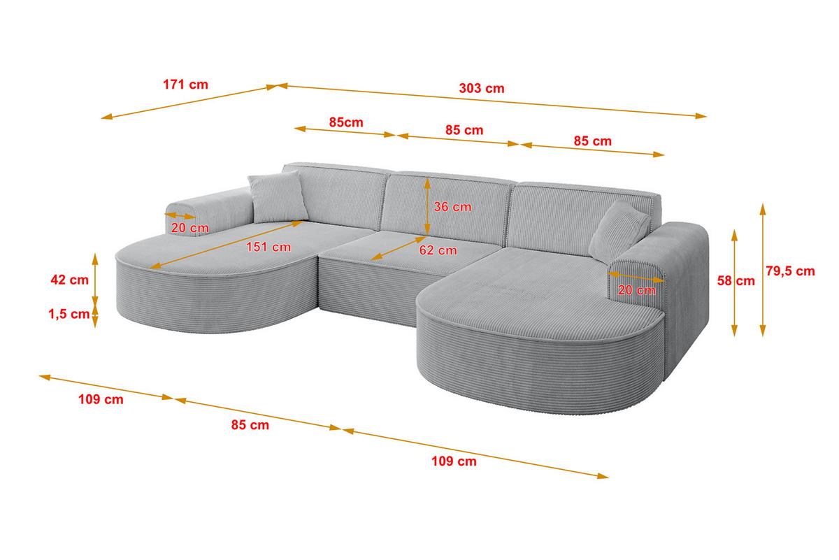 WOHNLANDSCHAFT MARI-U1 - 303x171x79 cm Grau Cord - Schwarz/Grau, Holzwerkstoff/Kunststoff (303/79/171cm) - ALTDECOR