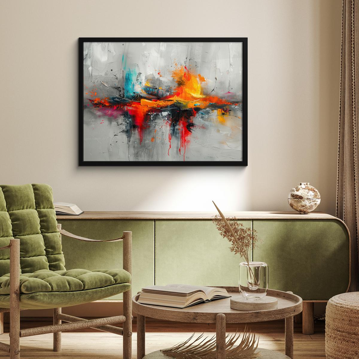 POSTER MIT RAHMENGERAHMTES BILD Moderne Kunst - Orange - Grau - Abstrakt 80x60 cm - Hellgrau, Papier (80/60cm) - MuchoWow