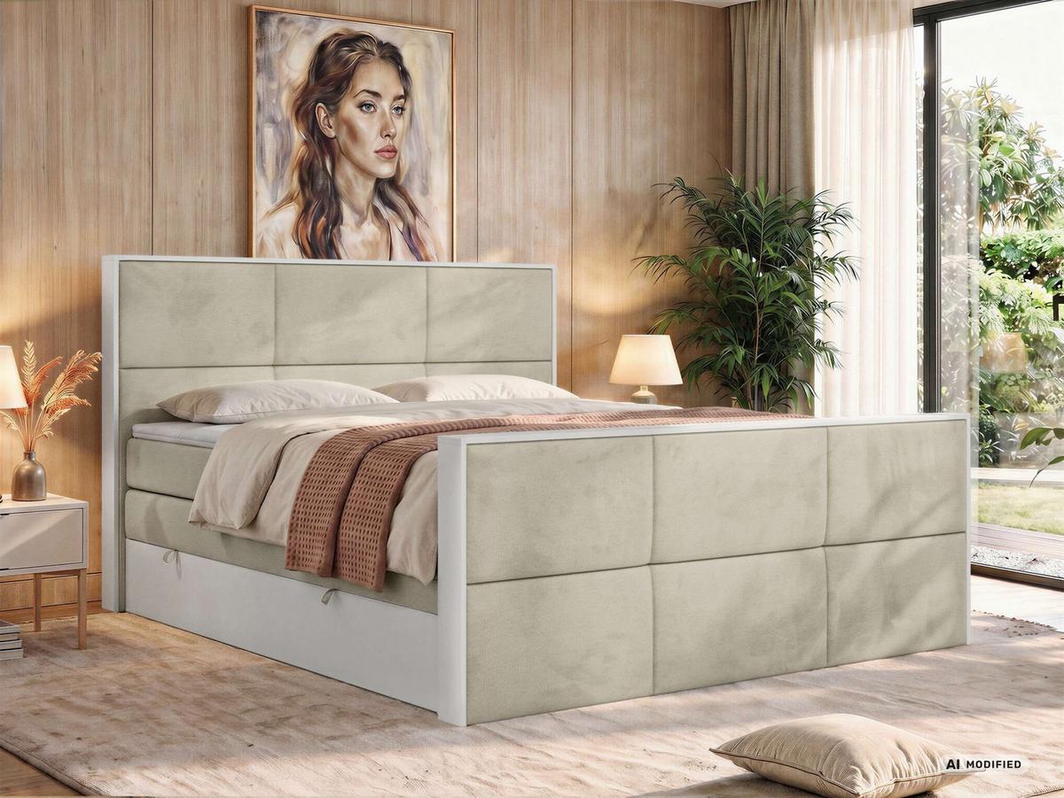 BOXSPRINGBETT DELVIT KING DUO 140/200 - Beige Velvet - Topper Visco - H4 - Beige/Schwarz, Kunststoff/Textil (140/200cm) - MKS