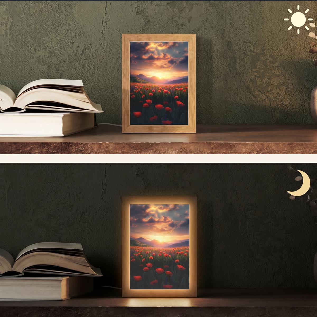 TISCHLEUCHTE Landschaft - Sonnenuntergang - Blumenfeld 15x20 cm - Dunkelblau, Holzwerkstoff (8/15/20cm) - OnlyWow