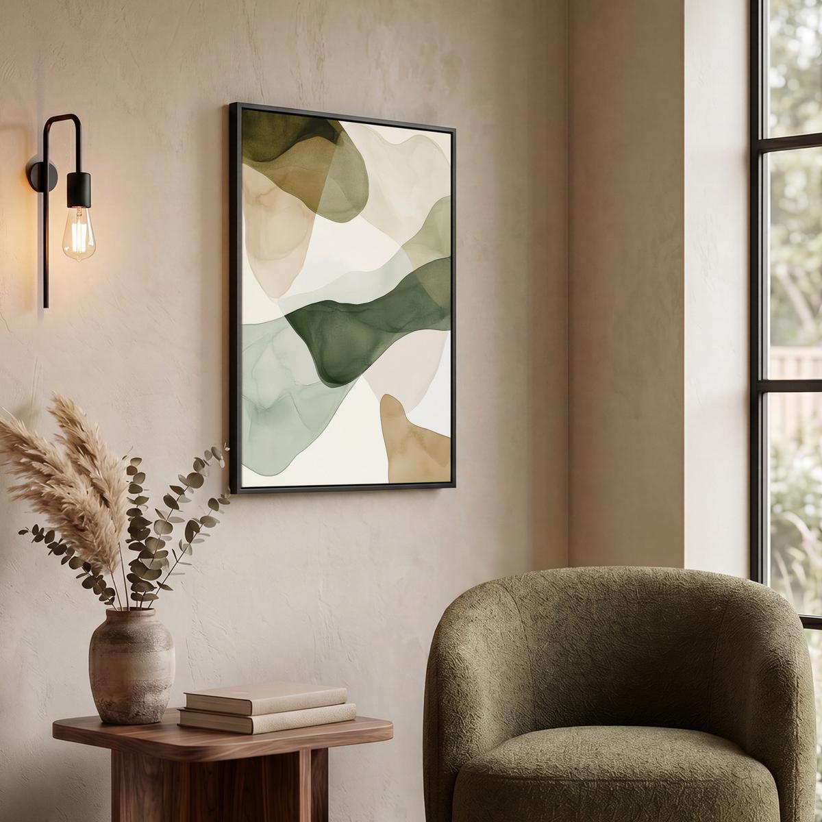 LEINWAND Bilder mit Rahmen - Japandi - Abstrakt - Grün - 50x70 - Salbeigrün, Textil (50/70cm) - MuchoWow