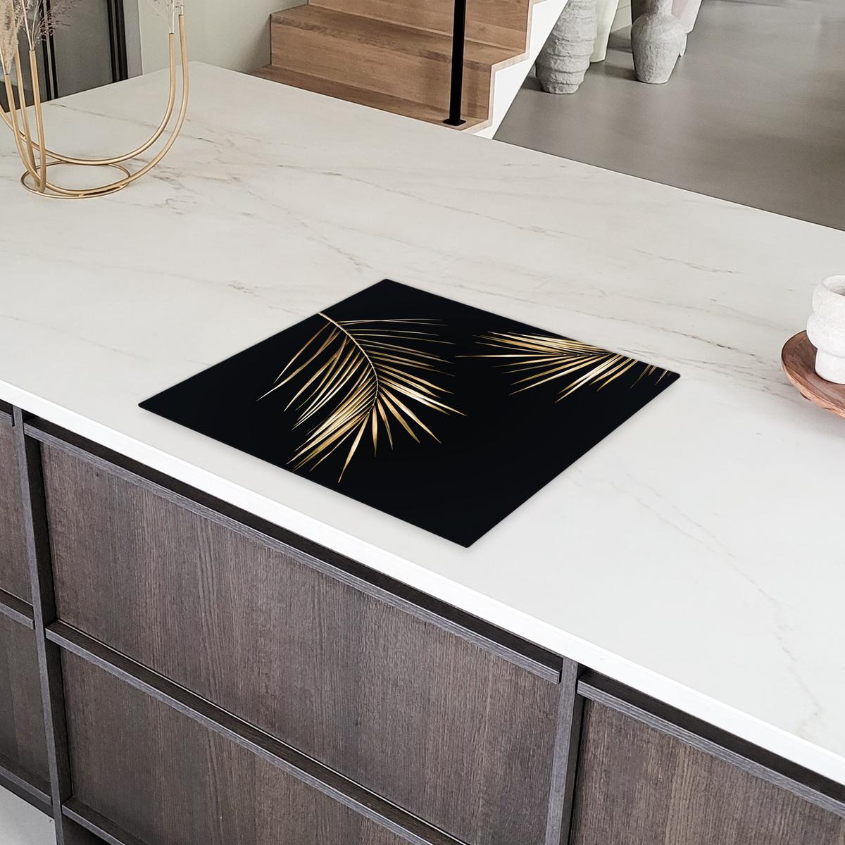 HERDABDECKPLATTE Blätter - Pflanzen - Gold - Schwarz - Luxus Abdeckung Ceranfeld 57.6x51.6 cm - Goldfarben, Kunststoff (57.6/51.6/0.2cm) - MuchoWow