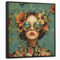 LEINWAND Bilder mit Rahmen - Frau - Blumen - Schmetterlinge - Natur - Vintage - 50x50 - Salbeigrün, Textil (50/50cm) - MuchoWow