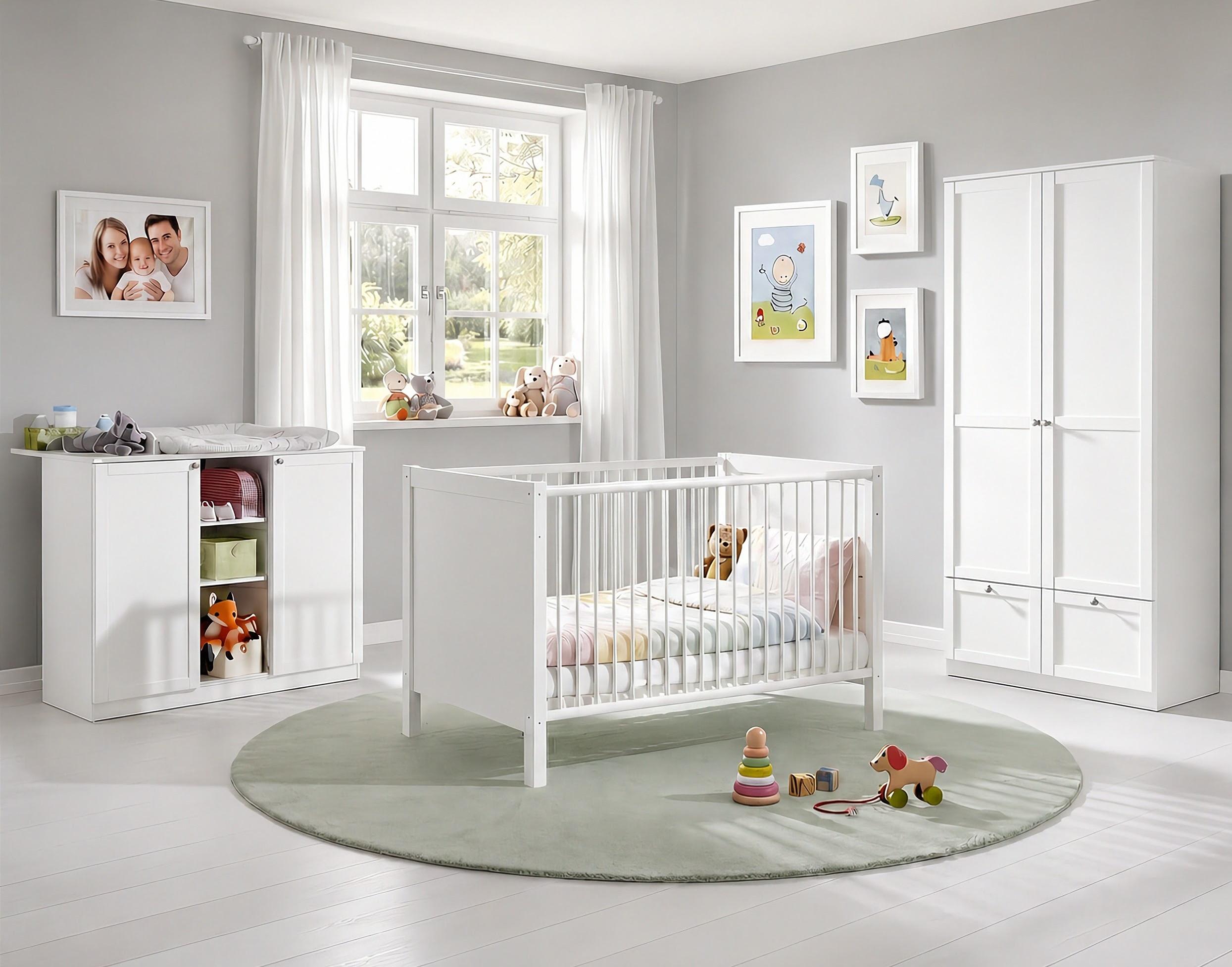 BABYZIMMER-SET 3-teilig: Babybett & Wickelkommode & Kleiderschrank 2-türig mit Schubladen B90/H200/T58 cm, Soft-Close, Landhausstil Weiß / 22802 - Silberfarben/Weiß, Holzwerkstoff/Metall (76/83/146cm) - luma-home