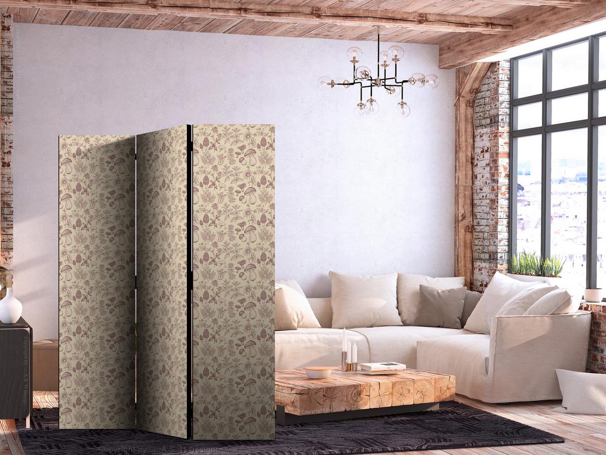 PARAVENT Akustik 3-tlg 135x172 cm Blumen und Pilze Boho - Beige, Holz/Textil (135/172/3cm) - Muralo