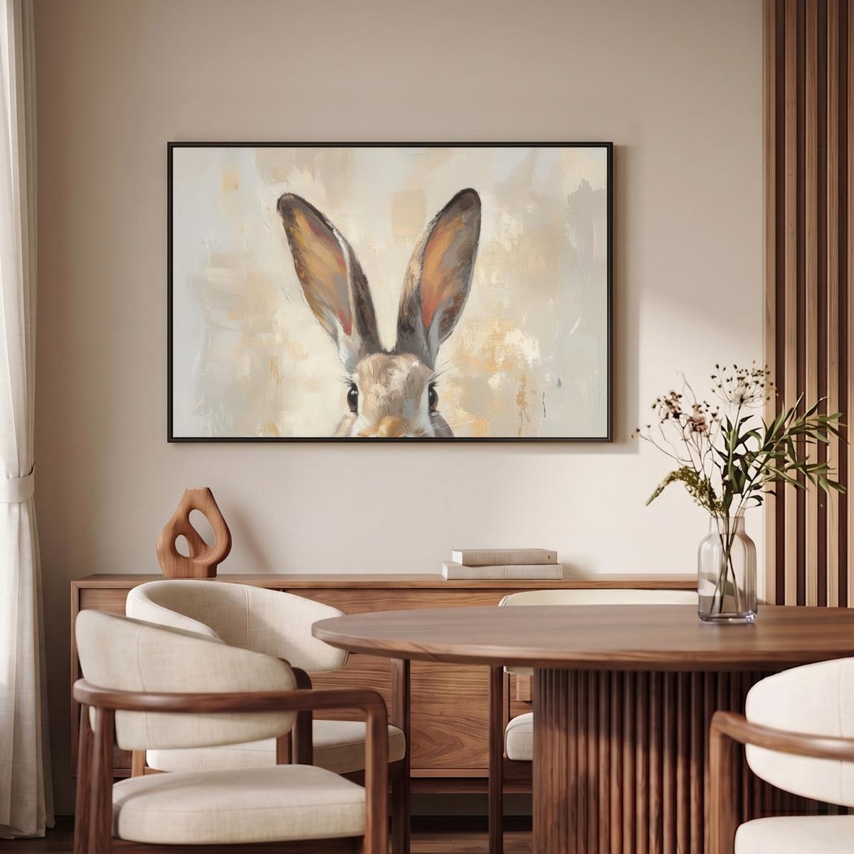 LEINWAND Bilder mit Rahmen - Hase - Ohren - Braun - 90x60 - Beige, Textil (90/60cm) - MuchoWow