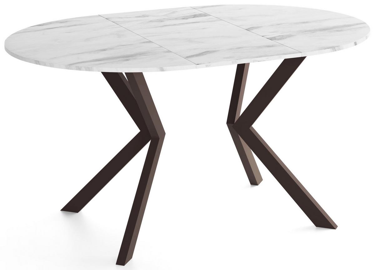 ESSTISCH Valio rund oval ausziehbar verlängerbar mit braunen Metallbeinen, Marmor Weiß 90-130/90/76 cm - Ecru/Braun, Holzwerkstoff/Metall (90/130/76cm) - WFL GROUP