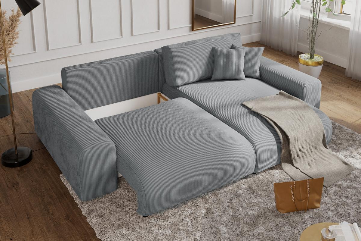 ECKSOFA mit Schlaffunktion, Bettkasten, Wellenunterfederung, seitenverkehrt montierbar B255/T165/H84 cm, Liegefl. 148x196 cm, Cord Hellgrau / 21007 - Hellgrau/Schwarz, Kunststoff/Textil (255/165cm) - luma-home