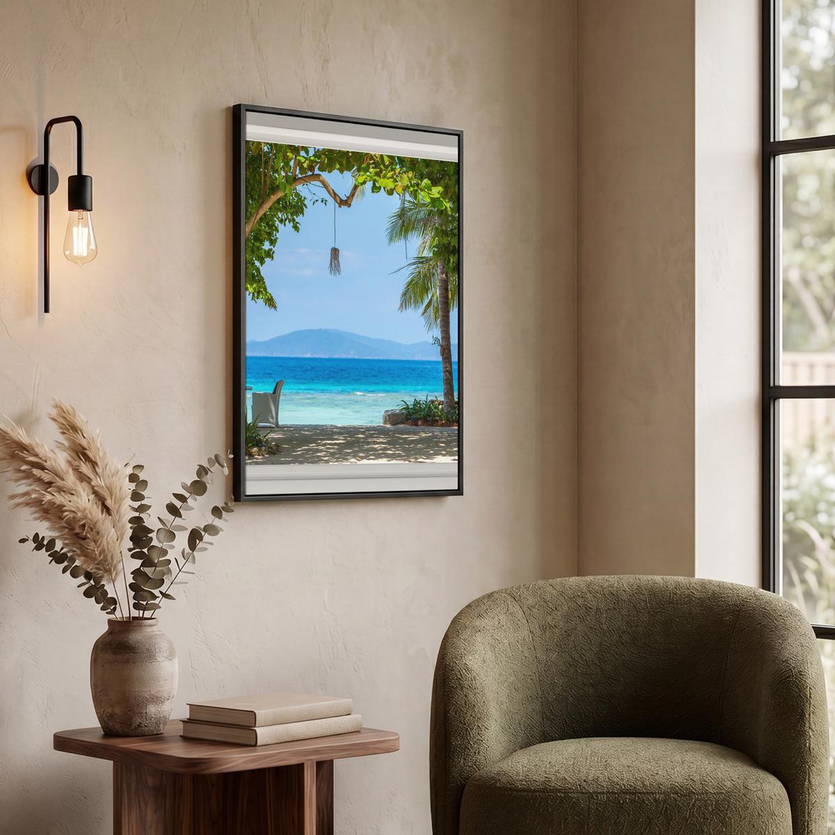 LEINWAND Bilder mit Rahmen - Aussicht - Baum - Meer - Palme - Hügel - Strand - Blau - 60x80 - Blau, Textil (60/80cm) - MuchoWow