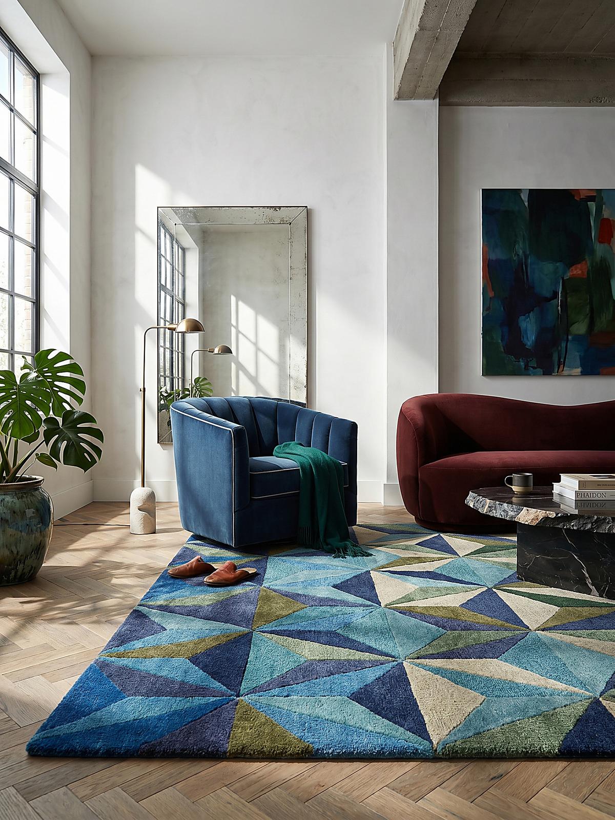 WOLLTEPPICH DERWENT, geometrisch, Florhöhe 10 mm, Blau-Grün, 160 x 230 cm - Blau, Textil (230/160cm) - KADIMA DESIGN