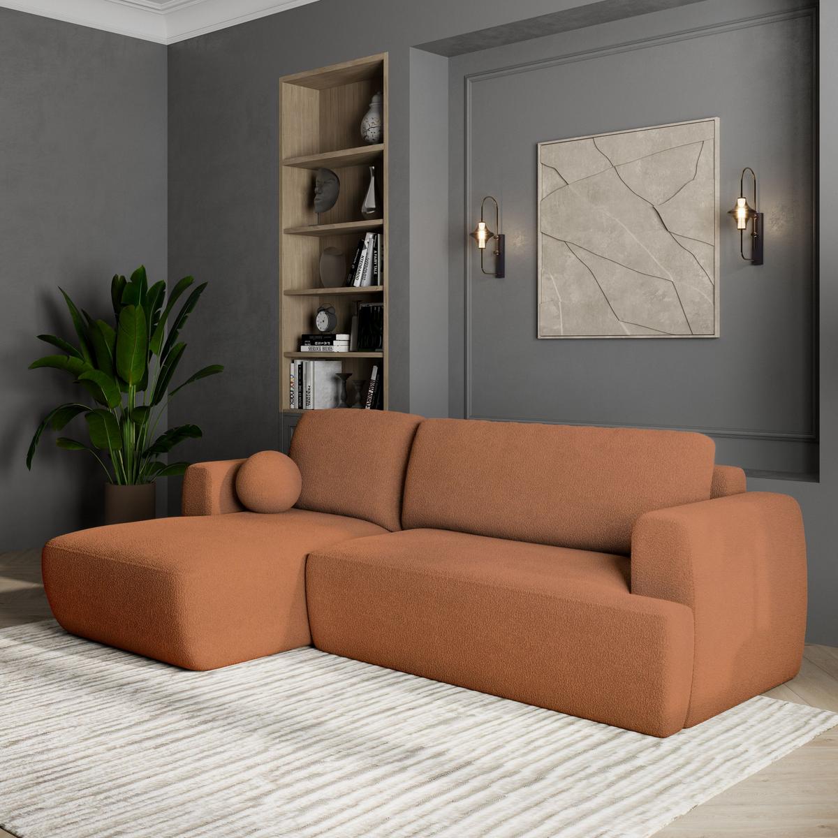 ECKSOFA SENTI N L-S Orange Boucle-Stoff mit Schlaffunktion - Schwarz/Orange, Holz/Kunststoff (246/148cm) - MASSENO