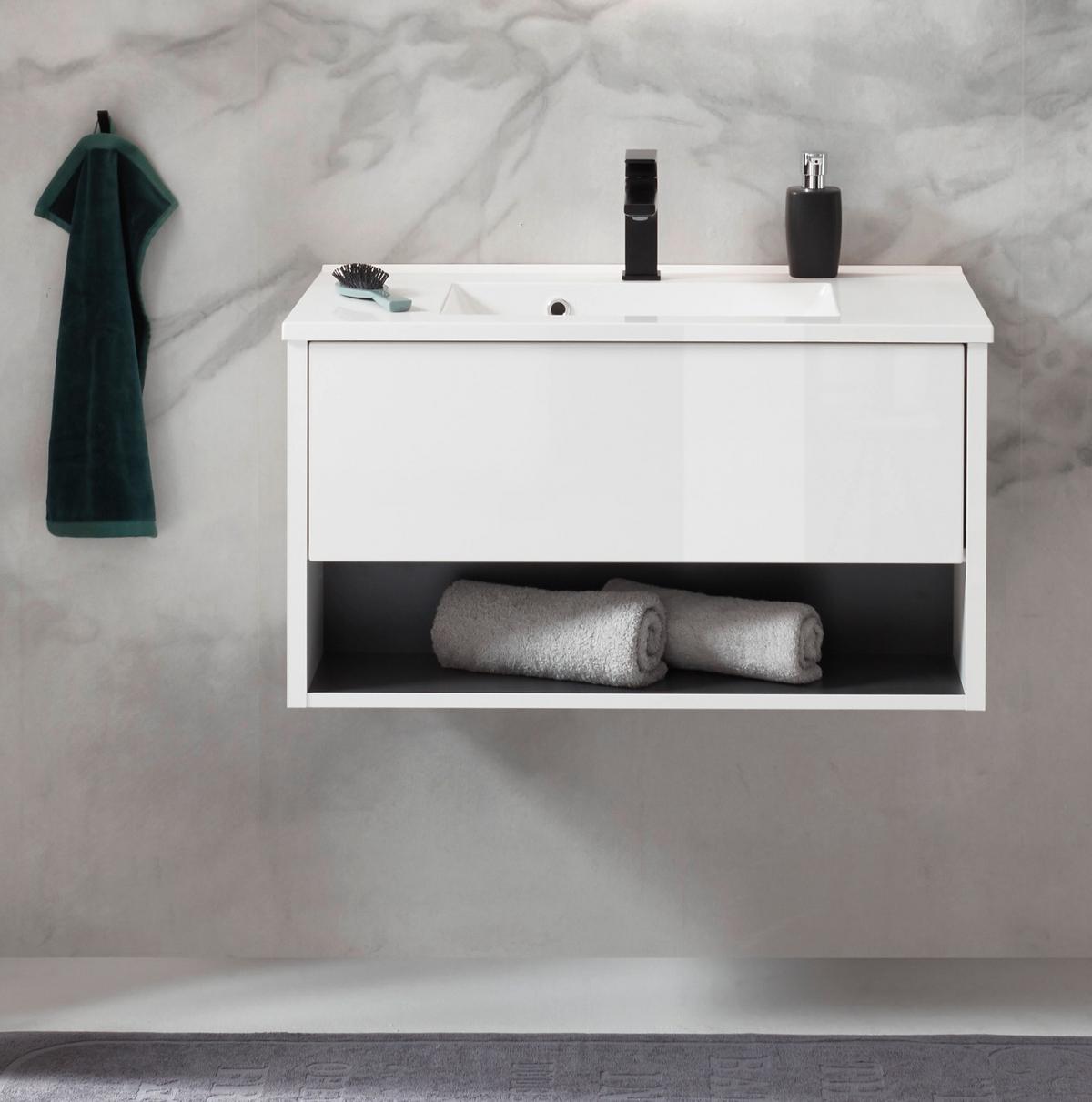 WASCHBECKENUNTERSCHRANK weiß Hochglanz, Waschtisch komplett mit Waschbecken, 80 cm hängend - Weiß Hochglanz/Grau, Holzwerkstoff/Metall (80/44/47cm) - Furn.Design