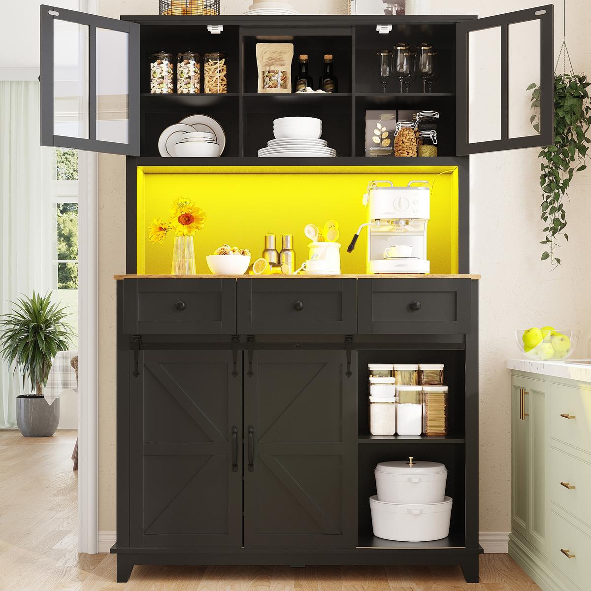 BUFFETSCHRANK Schwarz 105x180cm mit LED-Beleuchtung, Glastüren & Weinregal - Schwarz, Holzwerkstoff (105/180/38.4cm) - Urban Meuble