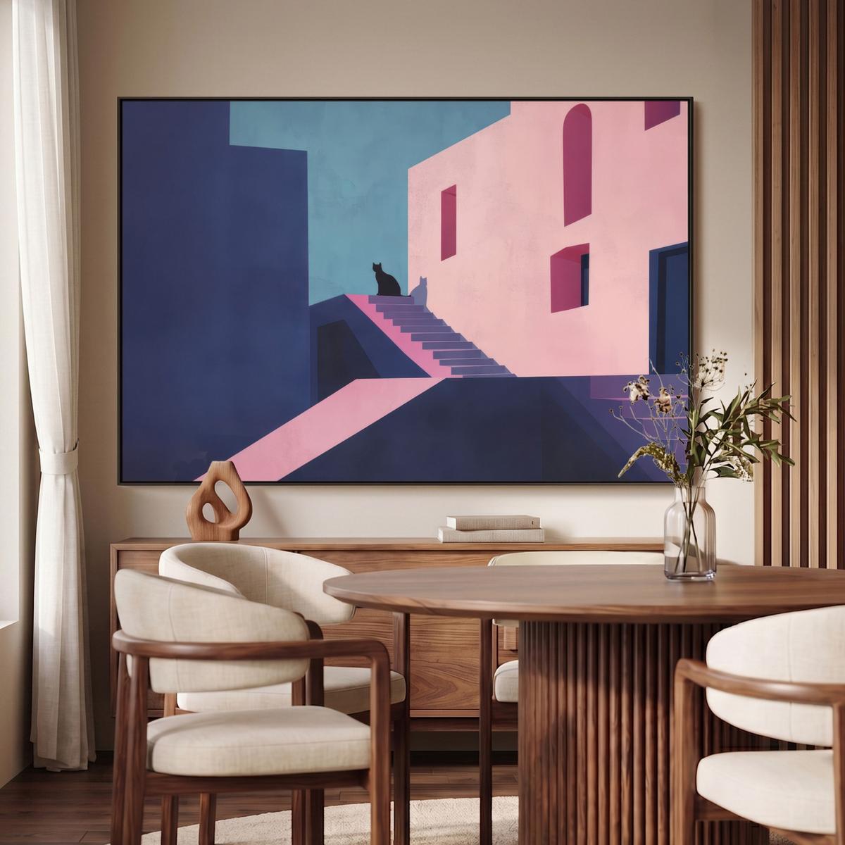 LEINWAND Bilder mit Rahmen - Katze - Treppe - Gebäude - Schattenkontraste - 150x100 - Dunkelblau, Textil (150/100cm) - MuchoWow