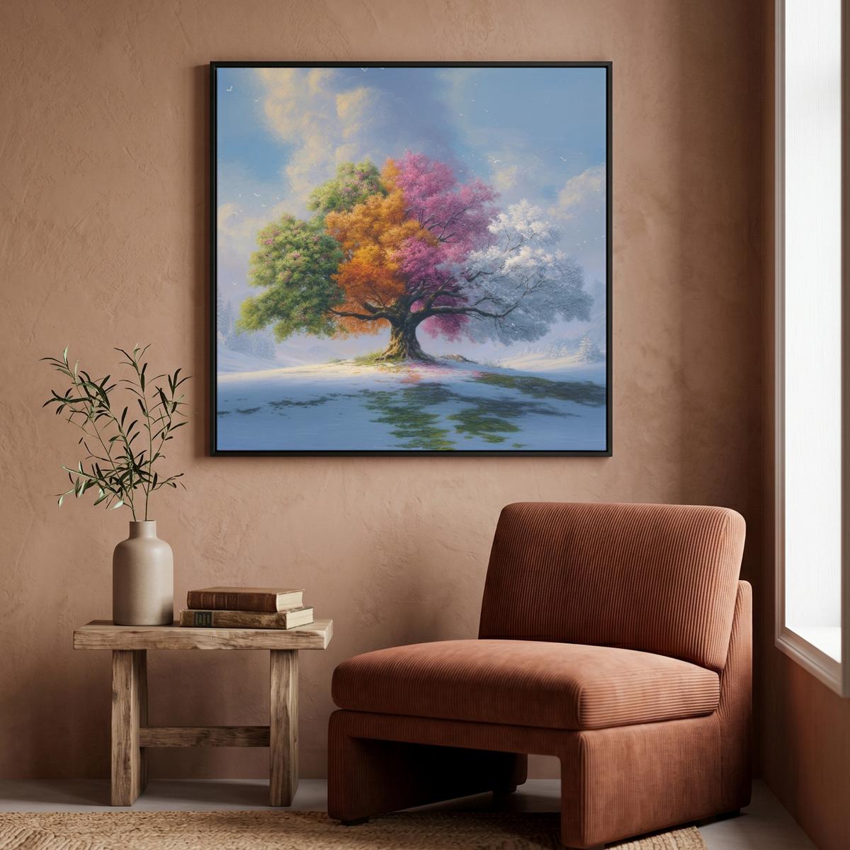 LEINWAND Bilder mit Rahmen - Baum - Jahreszeiten - Winter - Landschaft - 90x90 - Multicolor, Textil (90/90cm) - MuchoWow