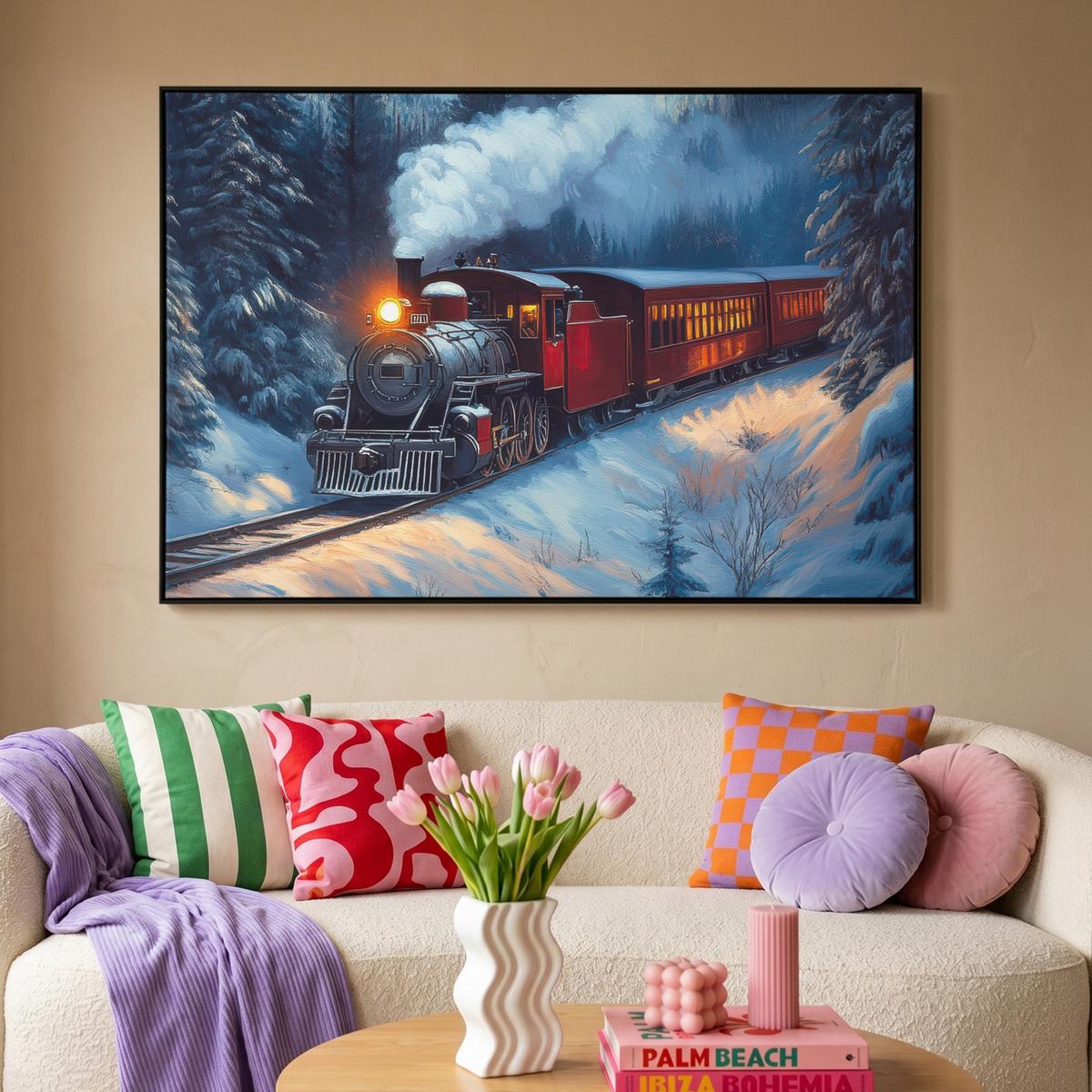 LEINWAND Bilder mit Rahmen - Zug - Weihnachten - Schnee - Weihnachtszug - 120x80 - Anthrazit, Textil (120/80cm) - MuchoWow