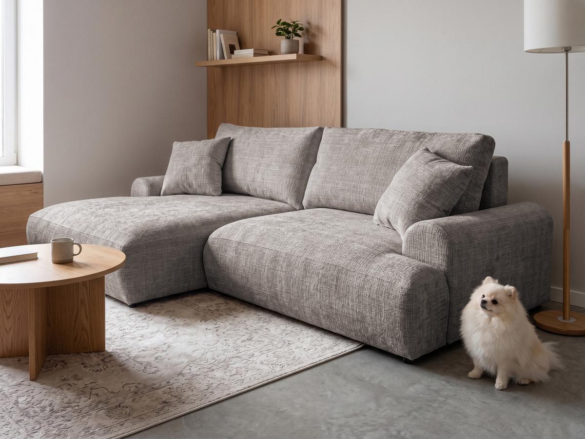 ECKSOFA Melvano mit Schlaffunktion und Bettkasten im Japandi-Stil aus weichem Taupe Chenille-Stoff - Taupe/Schwarz, Holz/Kunststoff (145/240cm) - S-Style