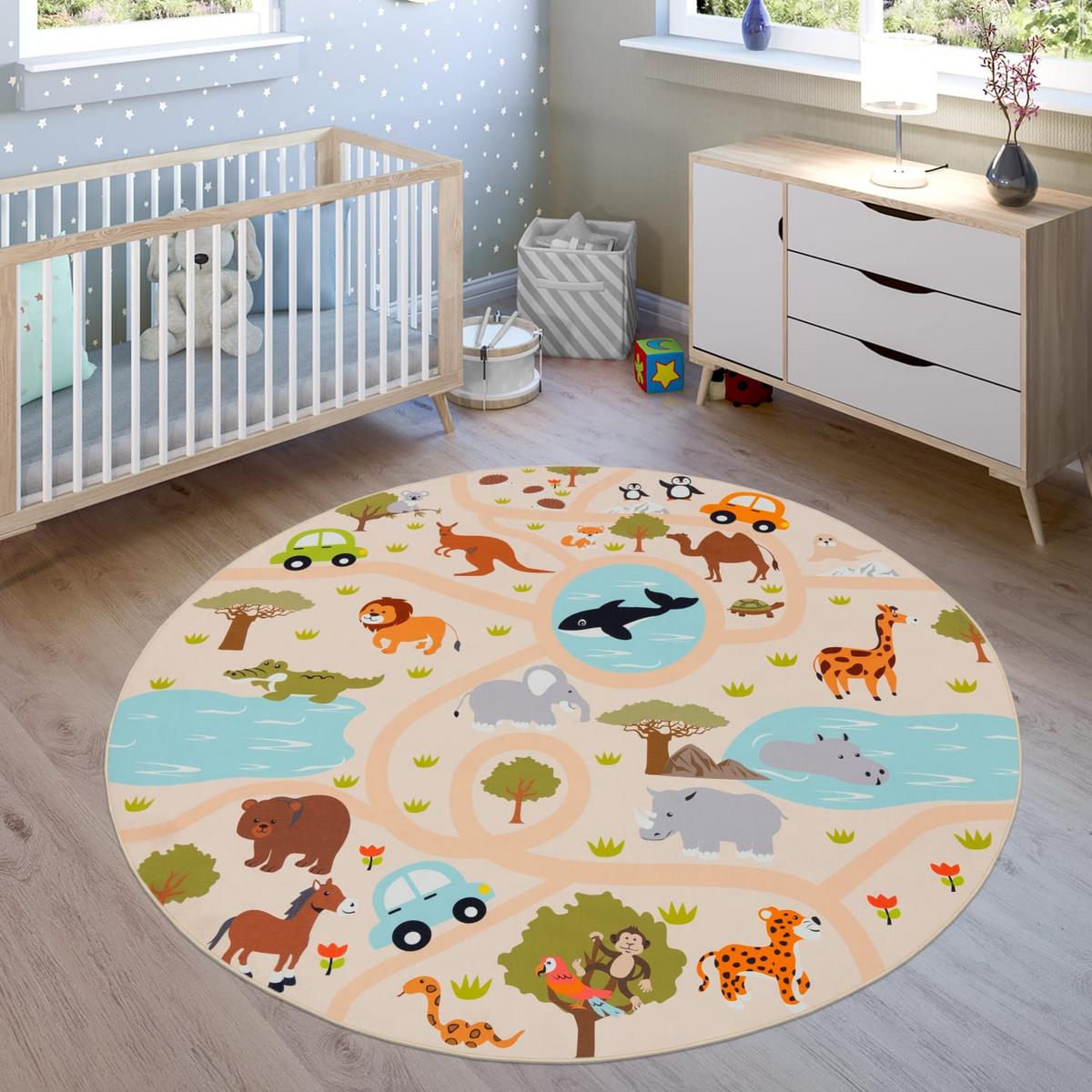 KINDERTEPPICH Waschbar, mit Safari‑Straßen‑Muster, Mehrfarbig, Ø 200 cm - Multicolor, Textil (200/200cm) - KADIMA DESIGN