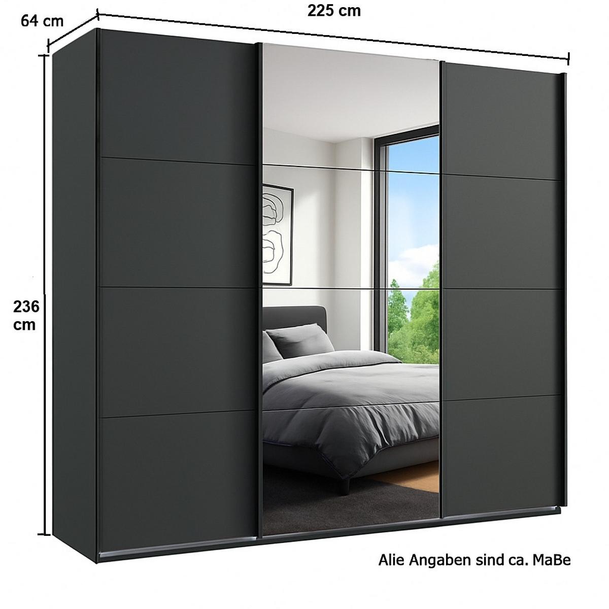 SCHWEBETÜRENSCHRANK 3-türig B225/H236/T64 cm extrahoch in Grafit, Kleiderschrank mit einer Spiegeltür / 22540 - Goldfarben/Graphitfarben, Holzwerkstoff/Metall (225/236/64cm) - luma-home