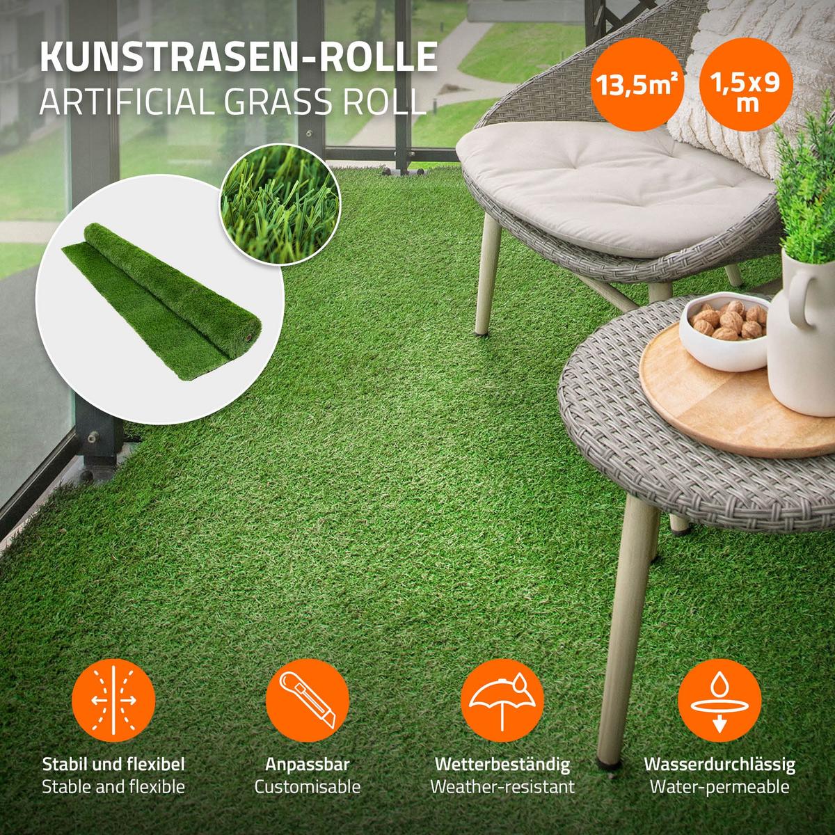 KUNSTRASEN-ROLLE 150x900 cm 13,5m² Grün H:18mm aus Kunststoff - Grün, Kunststoff (150/900cm) - ECD-Germany