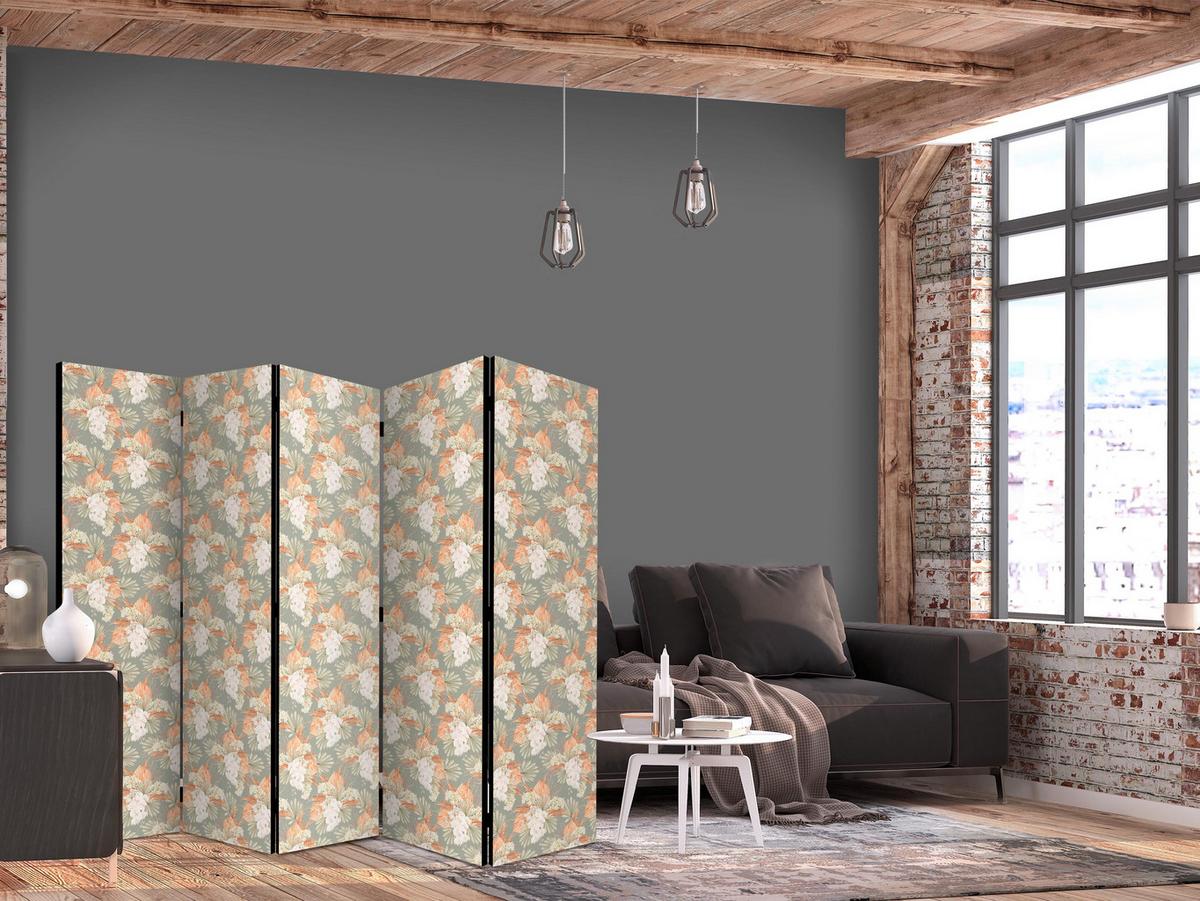 PARAVENT Einseitig Bedruckter 5-tlg 225x172 cm Tropische Blätter und Orchideen - Grün, Holz/Textil (225/172/3cm) - Muralo