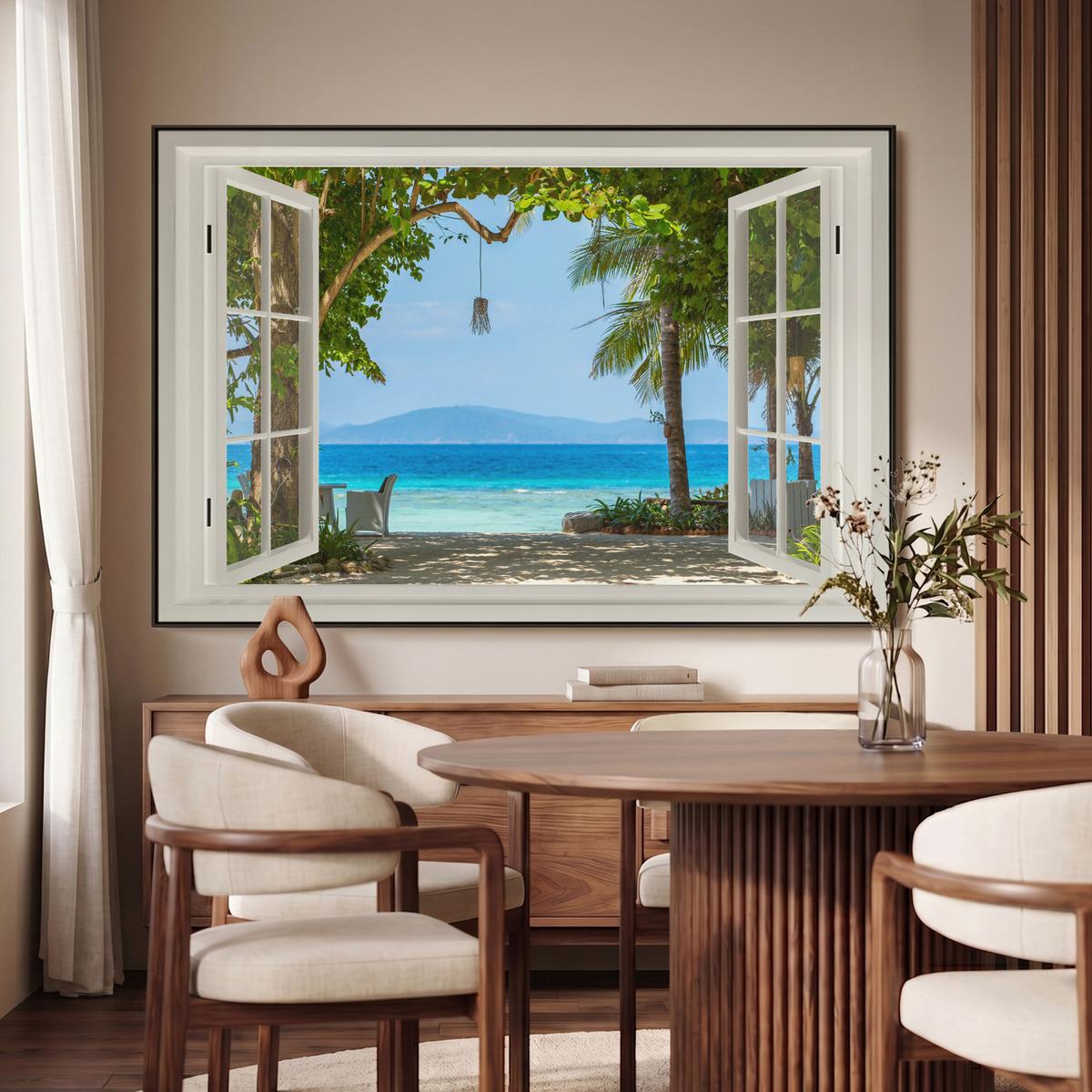 LEINWAND Bilder mit Rahmen - Aussicht - Baum - Meer - Palme - Hügel - Strand - Blau - 140x90 - Blau, Textil (140/90cm) - MuchoWow