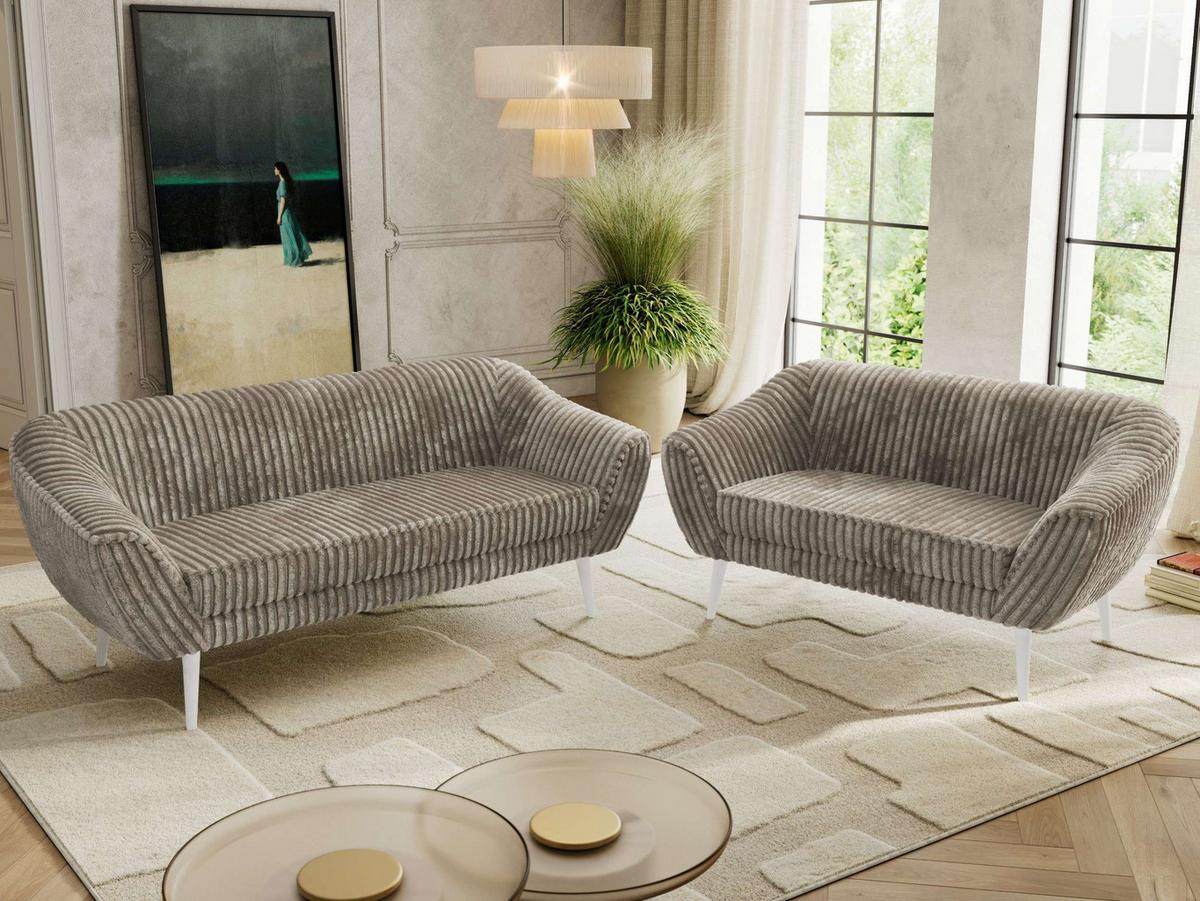 SITZGARNITUR PIRS 3+2 - Hellbraun Cord - Weiße Beine - Hellbraun/Weiß, Holzwerkstoff/Textil (180/75/74cm) - MKS
