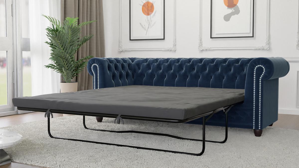 CHESTERFIELD-SOFA 3-Sitzer mit Schlaffunktion Nyx Marineblau Samt - Dunkelblau/Braun, Holz/Textil (203/28/86cm) - S-Style Möbel
