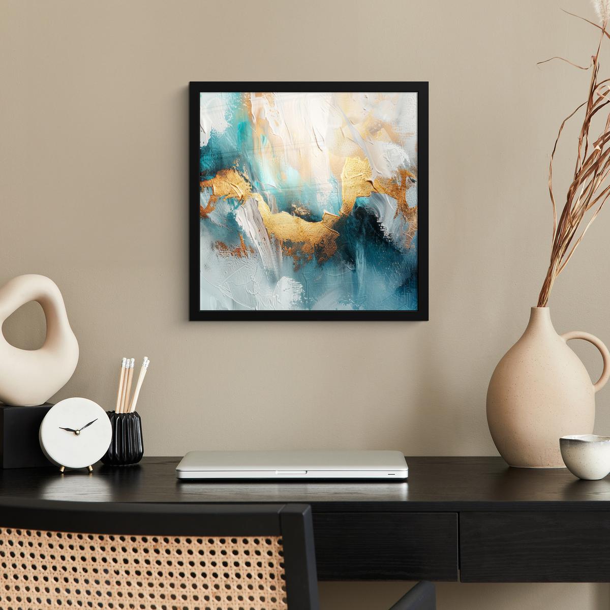 POSTER MIT RAHMENGERAHMTES BILD Abstrakt - Kunst - Gold - Blau 40x40 cm - Petrol, Papier (40/40cm) - MuchoWow