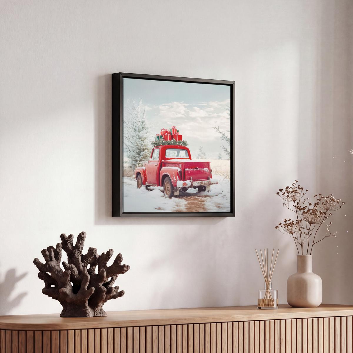 LEINWAND Bilder mit Rahmen - Auto - Rot - Geschenke - Winter - Schnee - Weihnachten - 20x20 - Rot, Textil (20/20cm) - MuchoWow