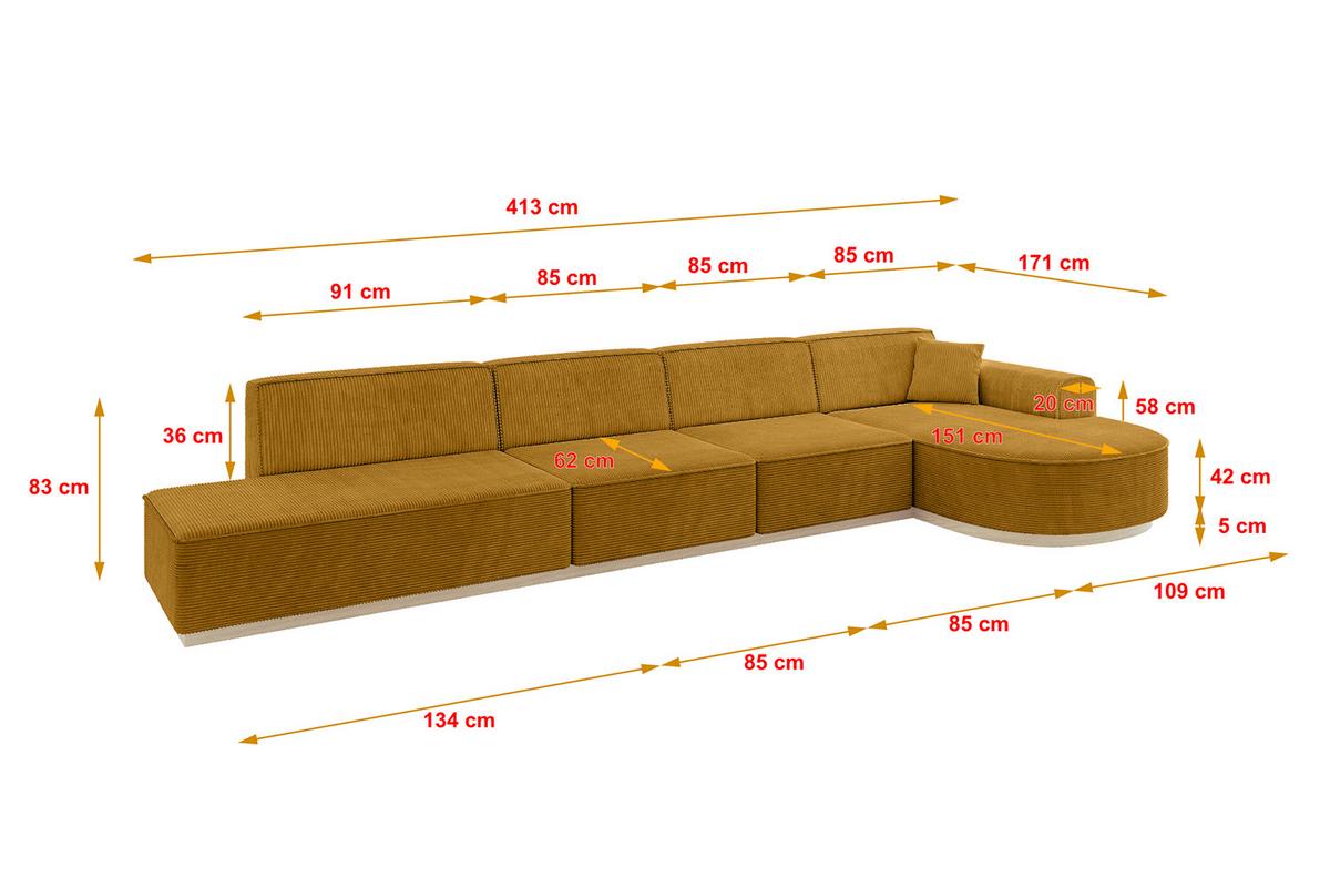 ECKSOFA Ottomane Rechts ARRIO-L3 - 413x171x83 cm Senfgelb - Currygelb/Gelb, Holzwerkstoff/Textil (413/171cm) - ALTDECOR