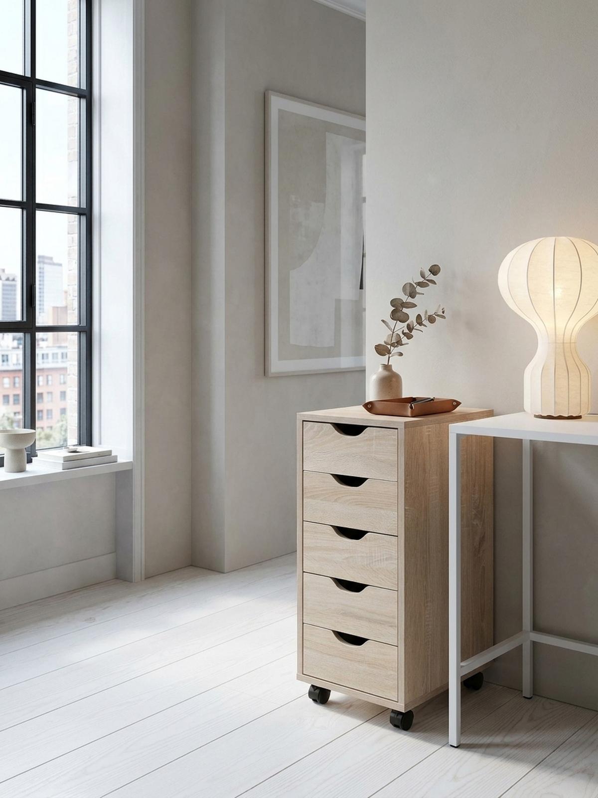 ROLLCONTAINER – MDF-Holz, Sonoma, 5 Schubladen, Rollen, für Büro oder Wohnzimmer - Beige/Schwarz, Holz/Kunststoff (38/64/33cm) - KADIMA DESIGN