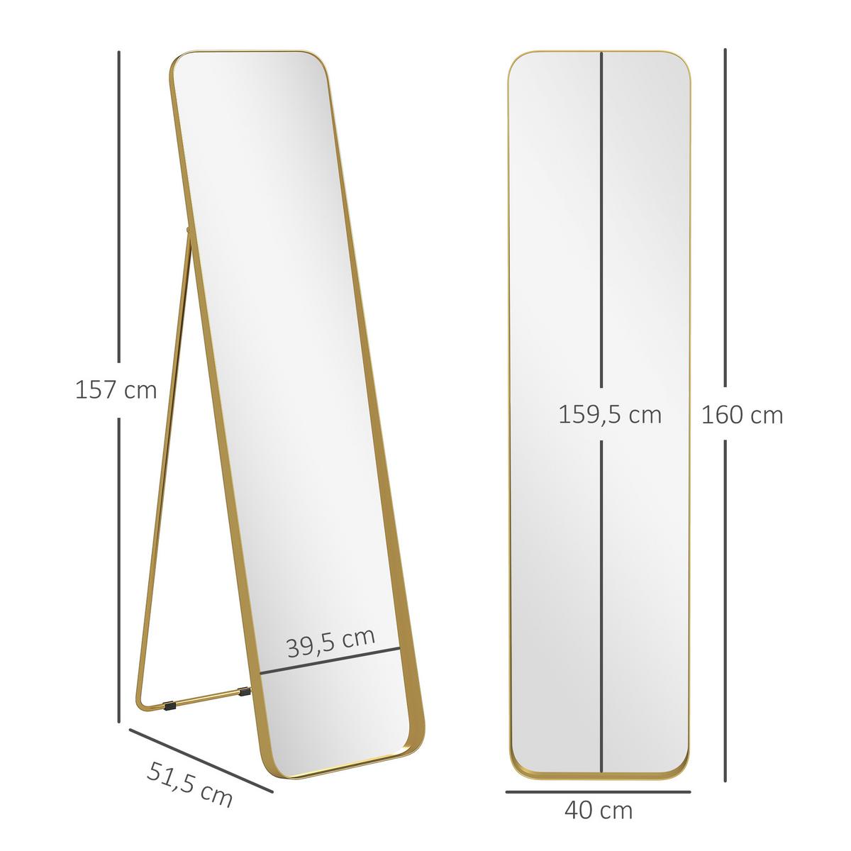 GANZKÖRPERSPIEGEL 160 x 40 cm Gewölbter Standspiegel mit Bruchsichere Glas - Goldfarben, Metall (6/160/40cm) - HOMCOM