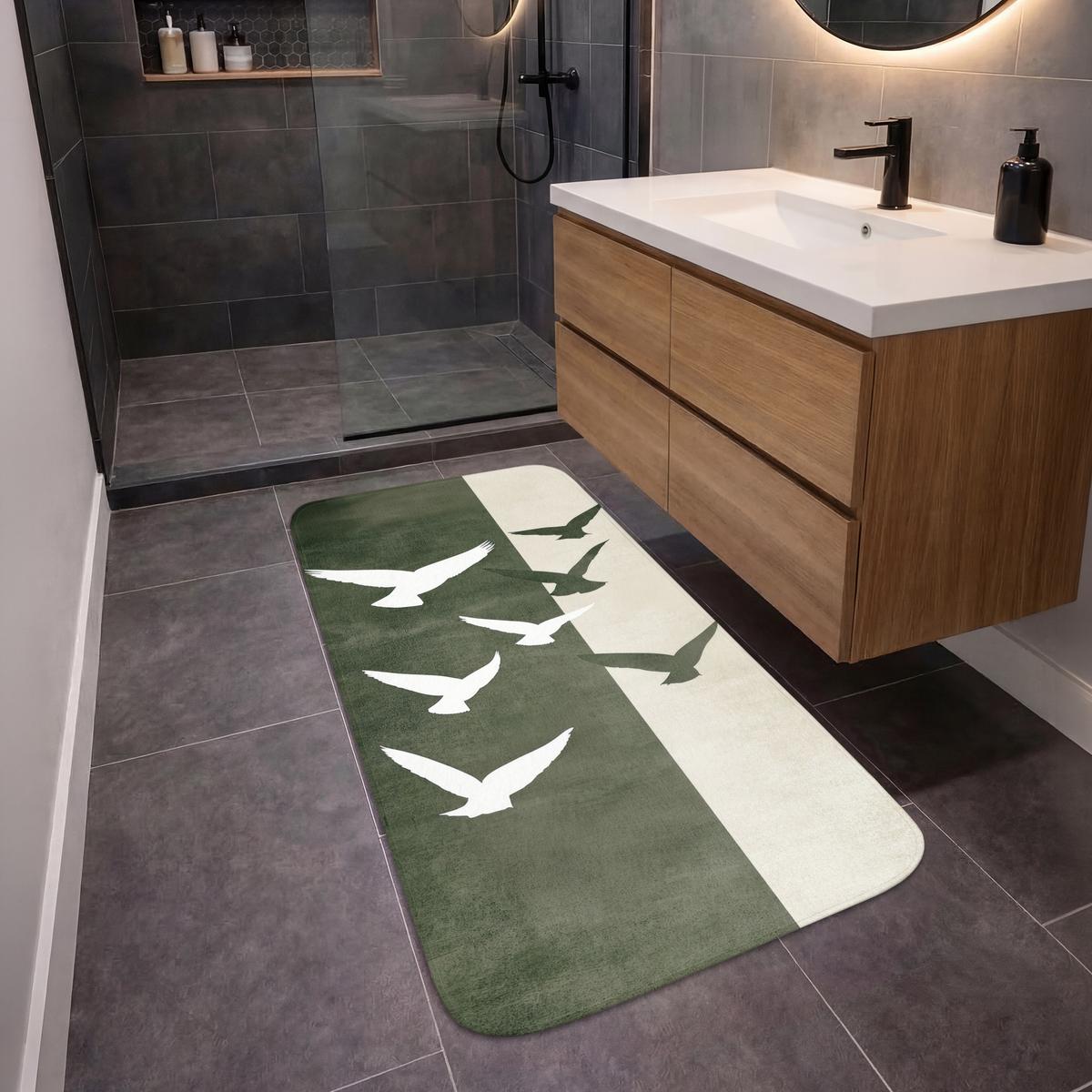 BADEMATTE Japandi - Vogel - Grün 60x120 cm - Olivgrün, Textil (60/120cm) - OnlyWow