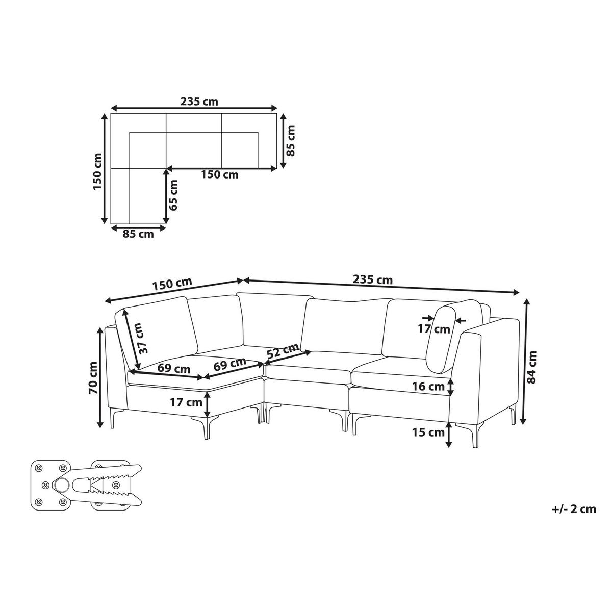ECKSOFA Modul 4-Sitzer rechtsseitig Grün Samtstoff Evja - Grün, Textil (235/150cm) - Beliani
