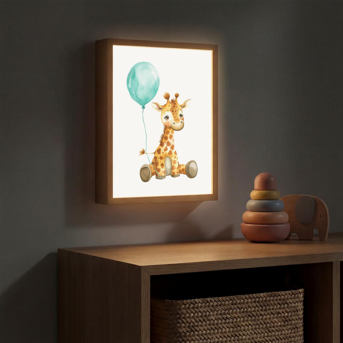 WANDLEUCHTE MIT AKKU Giraffe - Baby - Tiere - Blauer Ballon 30x40 cm - Weiß, Holzwerkstoff (30/40/8cm) - OnlyWow