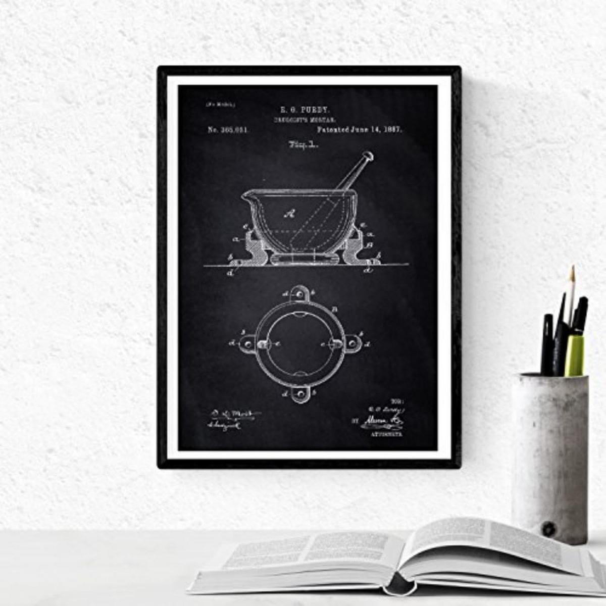 POSTER Set mit 4 Schwarz Apotheke Patent A4 Schwarzer Rahmen - Schwarz, Papier (29.7/3cm) - Nacnic