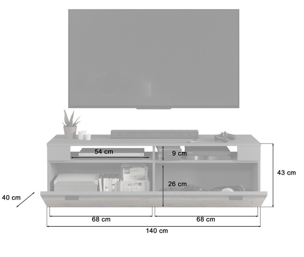 TV-LOWBOARD Eiche, grau matt 140 cm, TV Unterteil mit 4 Fächern - Eichefarben/Schwarz, Holzwerkstoff/Kunststoff (140/43/40cm) - Inn.Furn