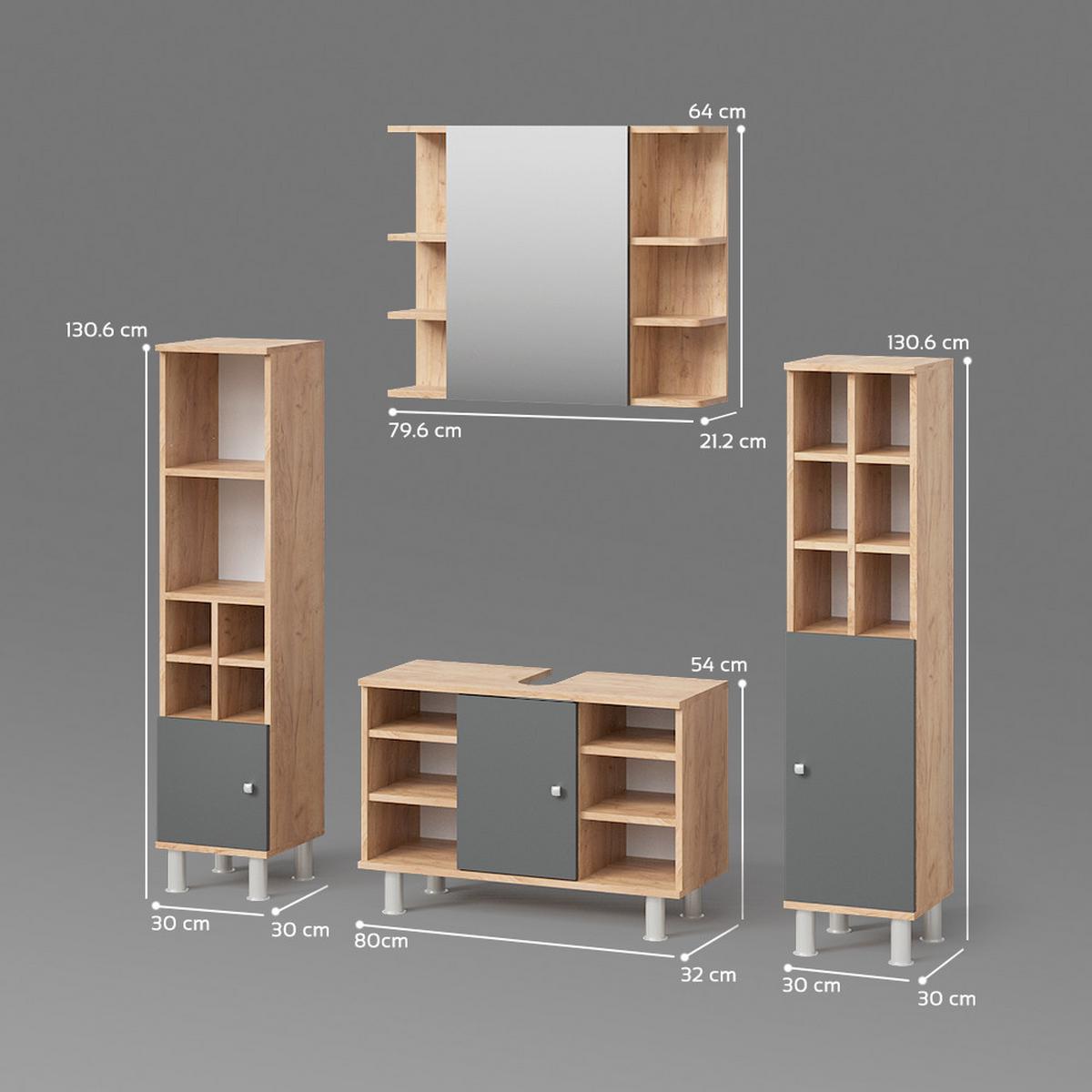 BADMÖBEL-SET Fucino Goldkraft Eiche 4 Teile, mit Midischränke - Honigeiche, Holzwerkstoff (80/54/32cm) - Livinity®