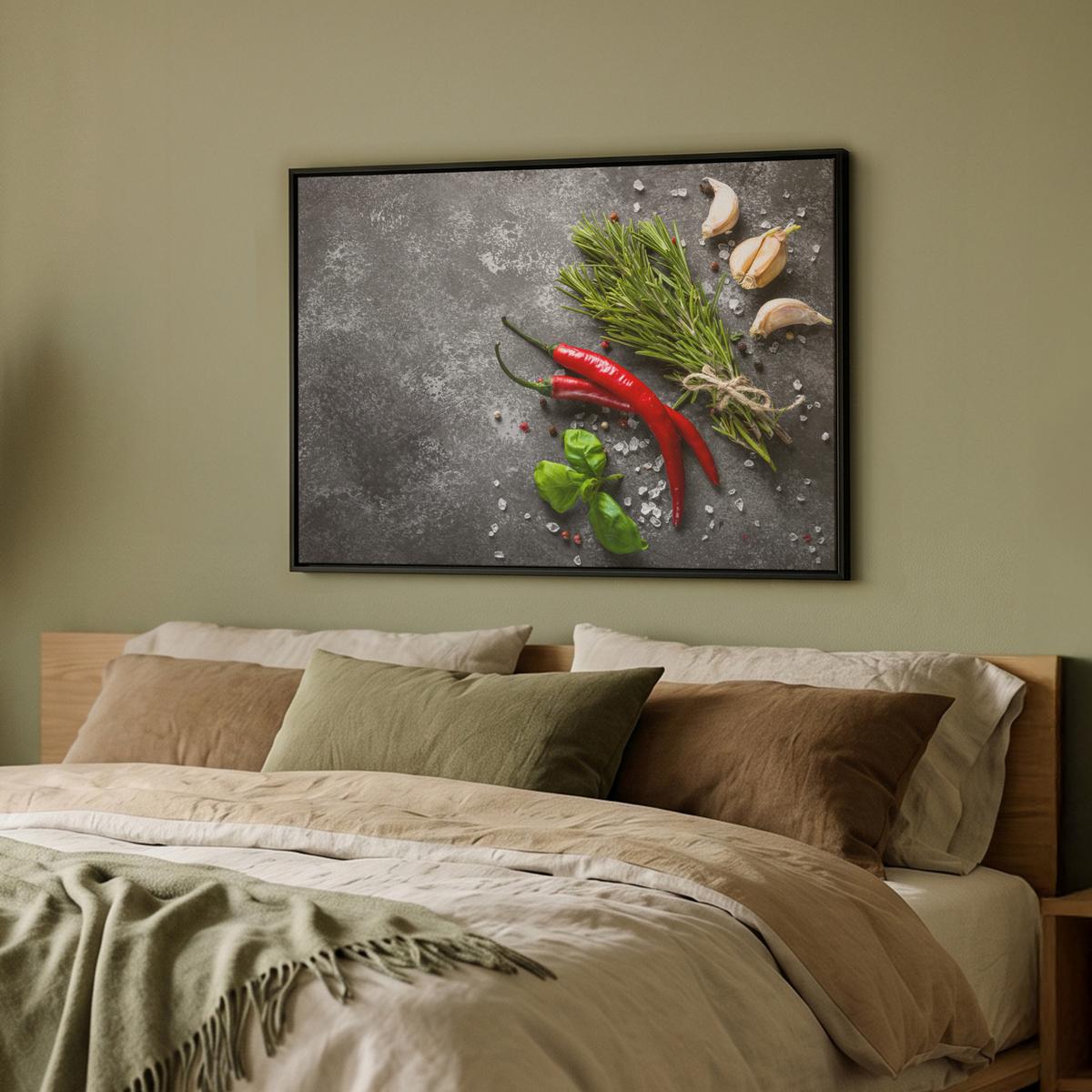 LEINWAND Bilder mit Rahmen - Pfeffer - Kräuter - Gewürze - Beton - 70x50 - Dunkelgrau, Textil (70/50cm) - MuchoWow