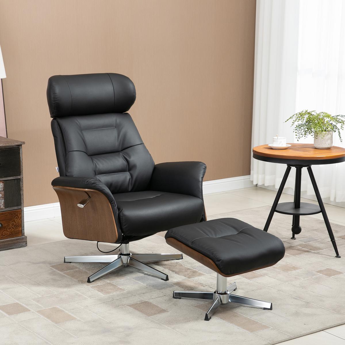 RELAXSESSEL mit Hocker, Fernsehsessel mit Liegefunktion Ruhesessel, TV-Sessel - Silberfarben/Schwarz, Leder/Metall (84/108/80cm) - HOMCOM